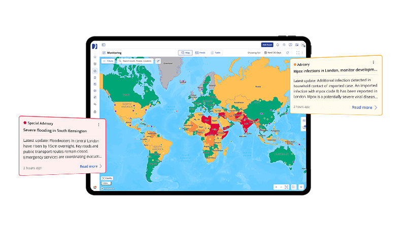 Maquette d'une plateforme de gestion des événements critiques, tablette avec capture d'écran Quantum et deux boîtes d'alerte consultatives.